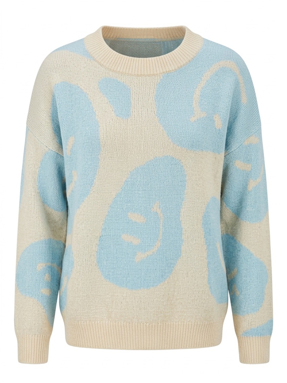 Altar'd State Cream & Light Blue Smiley-Pattern Crewneck Sweater